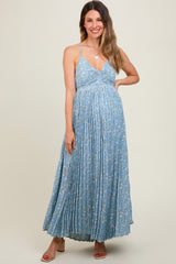 Blue Floral Pleated Back Cutout Maternity Maxi Dress