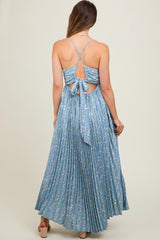 Blue Floral Pleated Back Cutout Maternity Maxi Dress