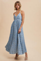 Blue Floral Pleated Back Cutout Maternity Maxi Dress