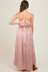 Light Pink Floral Pleated Back Cutout Maternity Maxi Dress