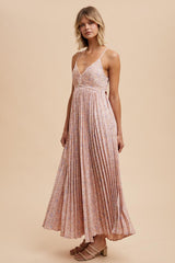 Light Pink Floral Pleated Back Cutout Maxi Dress