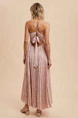 Light Pink Floral Pleated Back Cutout Maxi Dress