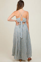 Blue Floral Pleated Cutout Back Maternity Maxi Dress