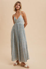 Blue Floral Pleated Cutout Back Maternity Maxi Dress