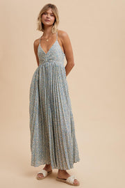 Blue Floral Pleated Cutout Back Maxi Dress