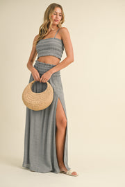 Grey Smocked Crop Top And Maxi Skirt Set