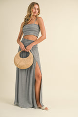 Grey Smocked Crop Top And Maxi Skirt Maternity Set