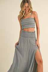 Grey Smocked Crop Top And Maxi Skirt Set