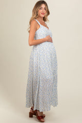 Light Blue Floral Button Down Maternity Maxi Dress