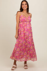 Pink Floral Pleated Maternity Maxi Dress