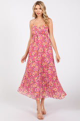 Pink Floral Pleated Maxi Dress