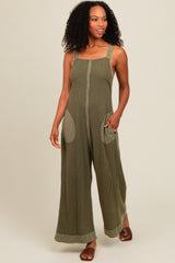 Light Olive Waffle Knit Wide Leg Jumpsuit