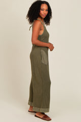 Light Olive Waffle Knit Wide Leg Jumpsuit