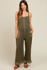 Light Olive Waffle Knit Wide Leg Maternity Jumpsuit