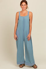 Blue Waffle Knit Wide Leg Jumpsuit