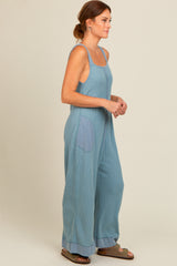 Blue Waffle Knit Wide Leg Jumpsuit