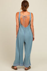 Blue Waffle Knit Wide Leg Jumpsuit