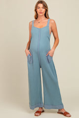 Blue Waffle Knit Wide Leg Maternity Jumpsuit