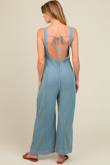 Blue Waffle Knit Wide Leg Maternity Jumpsuit