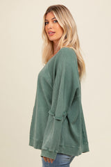 Forest Green Mixed Knit Raw Hem Pullover Top