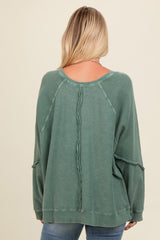 Forest Green Mixed Knit Raw Hem Pullover Top