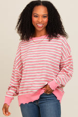 Pink Striped Ruffle Hem Maternity Long Sleeve Top