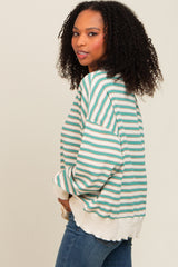 Light Olive Striped Ruffle Hem Long Sleeve Top