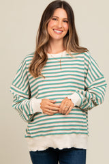 Light Olive Striped Ruffle Hem Maternity Long Sleeve Top