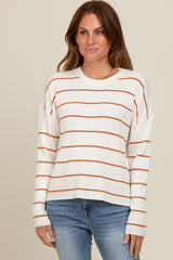 Cream Striped Ribbed Knit Long Sleeve Top