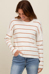 Cream Striped Ribbed Knit Long Sleeve Top