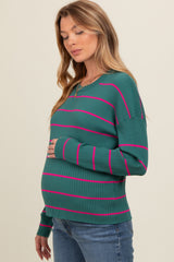 Teal Striped Ribbed Knit Long Sleeve Maternity Top