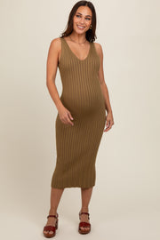 Mocha V Neck Sleeveless Knit Maternity Midi Dress