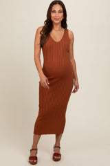 Rust V Neck Sleeveless Knit Maternity Midi Dress