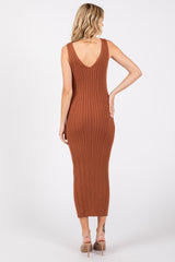 Rust V Neck Sleeveless Knit Midi Dress