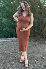 Rust V Neck Sleeveless Knit Maternity Midi Dress