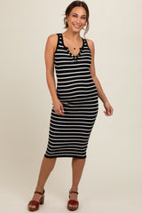 Black Striped Fitted Henley Knit Maternity Midi Dress