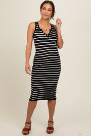 Black Striped Fitted Henley Knit Maternity Midi Dress