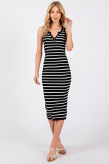 Black Striped Fitted Henley Knit Maternity Midi Dress