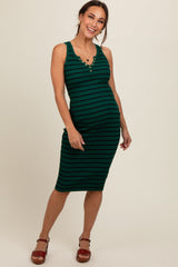 Forest Green Striped Fitted Henley Knit Maternity Midi Dress