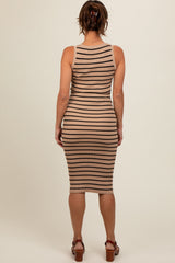 Mocha Striped Fitted Henley Knit Maternity Midi Dress