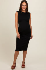 Black Side Ruched Sleeveless Maternity Midi Dress