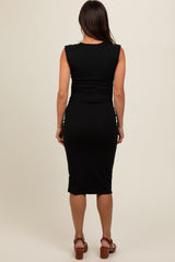 Black Side Ruched Sleeveless Maternity Midi Dress