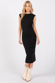 Black Side Ruched Sleeveless Midi Dress