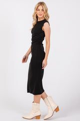 Black Side Ruched Sleeveless Midi Dress