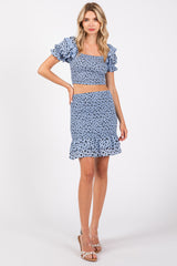 Blue Smocked Ruffled Detail Crop Top Skirt Set