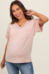 Light Pink Front Pocket Maternity Short Sleeve Top