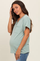 Light Olive Front Pocket Maternity Short Sleeve Top