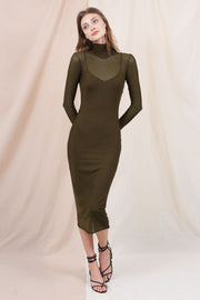 Olive Mesh Overlay Fitted Midi Dress