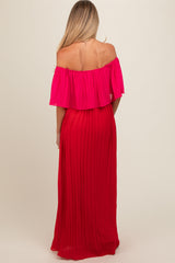 Red Pleated Off Shoulder Colorblock Maternity Maxi Dress