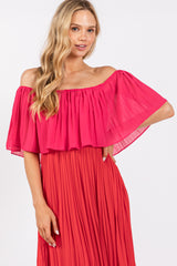 Red Pleated Off Shoulder Colorblock Maxi Dress